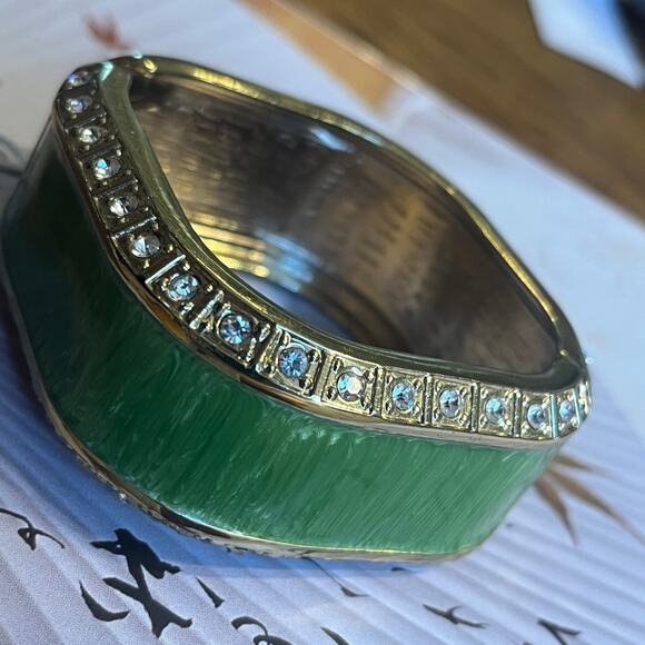 Vintage Green Enamel Gold Tone and Rhinestone Chunky Square Clamper Bracelet - Picture 2 of 8